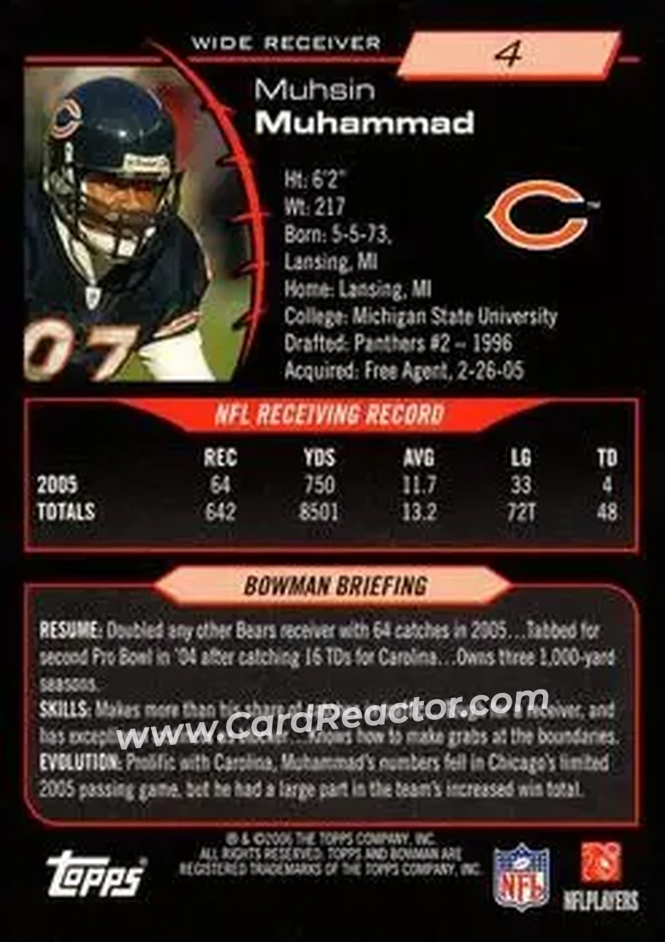 2006 Bowman #4 - Muhsin Muhammad - Chicago Bears - Back