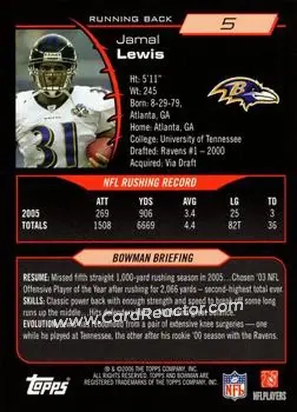 2006 Bowman #5 - Jamal Lewis - Baltimore Ravens - Back
