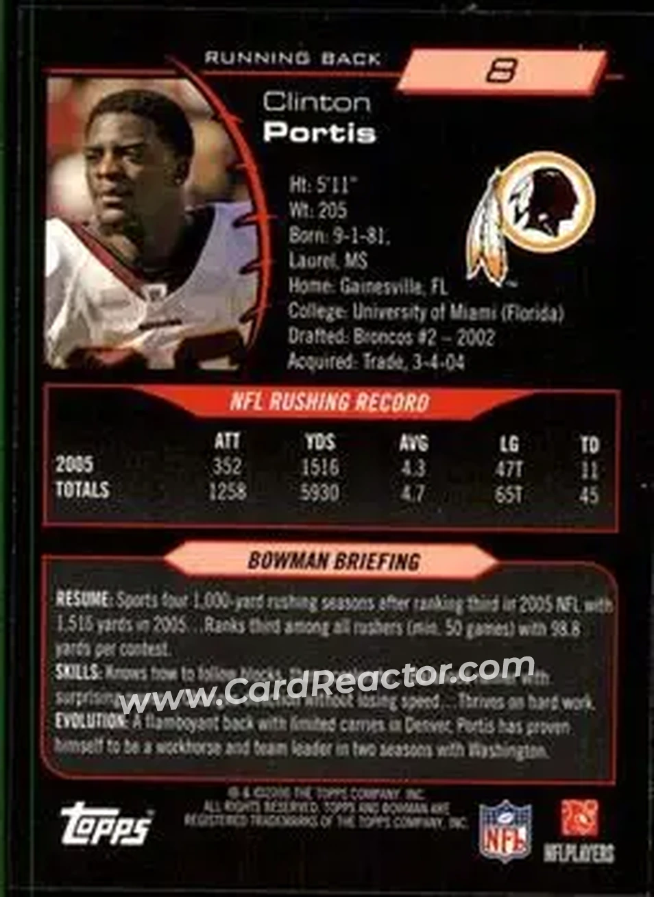 2006 Bowman #8 - Clinton Portis - Washington Redskins - Back
