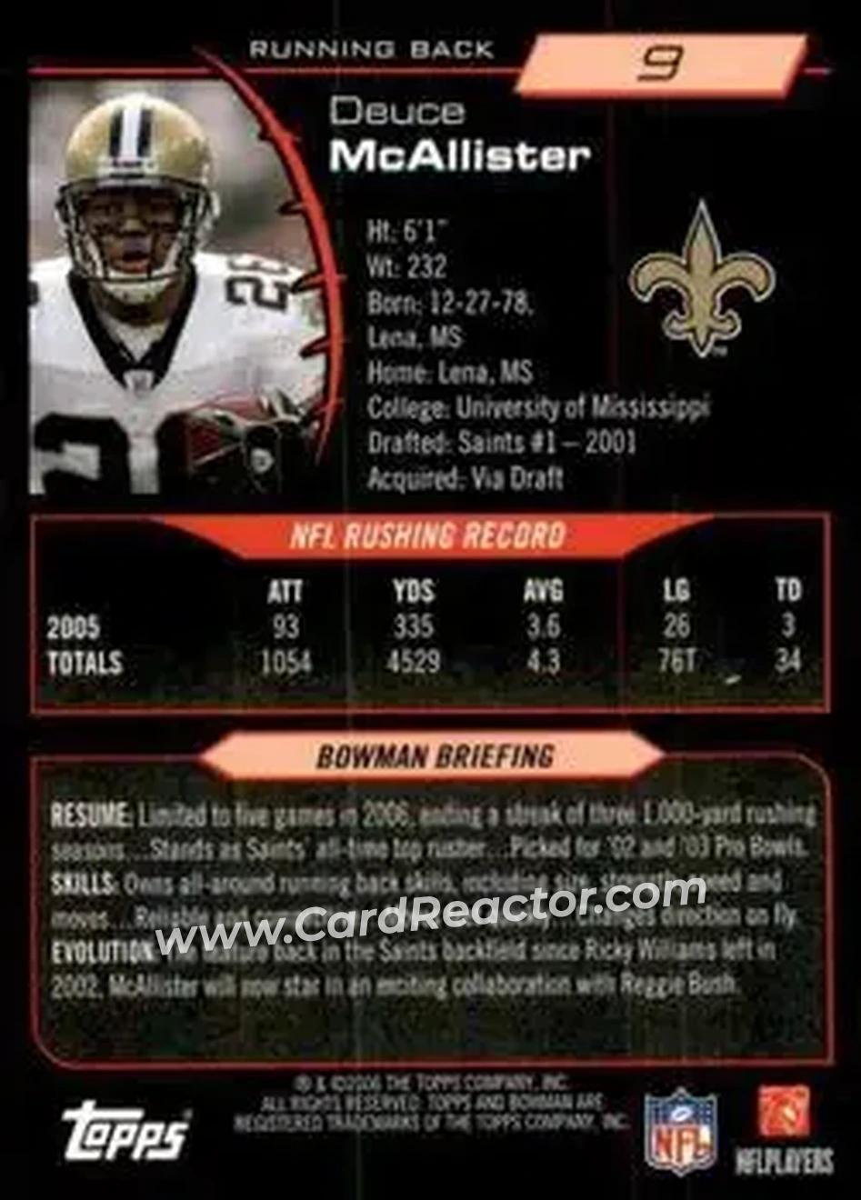 2006 Bowman #9 - Deuce McAllister - New Orleans Saints - Back