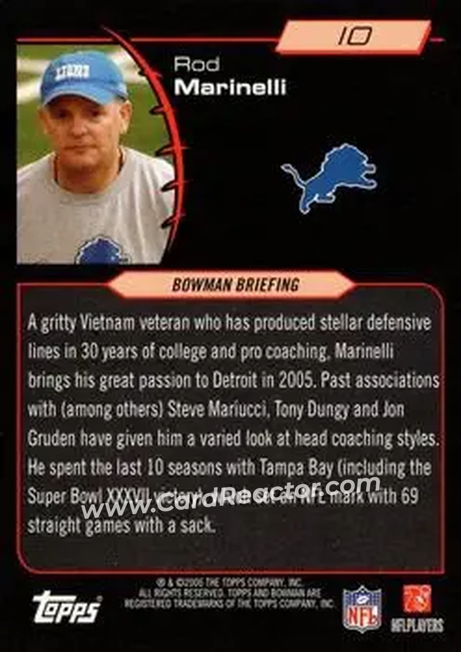 2006 Bowman #10 - Rod Marinelli - Detroit Lions - Back