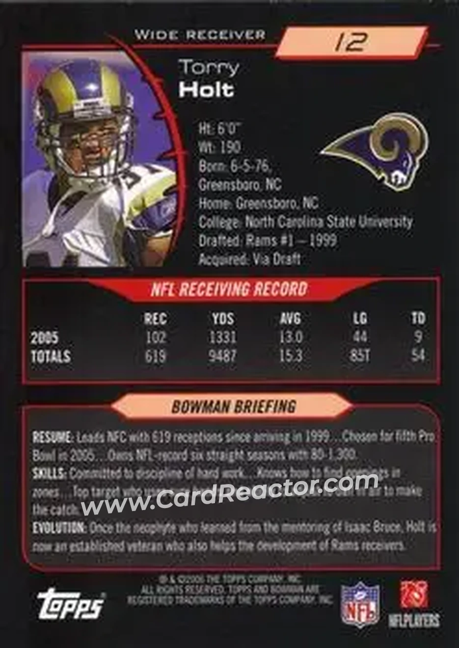 2006 Bowman #12 - Torry Holt - St. Louis Rams - Back