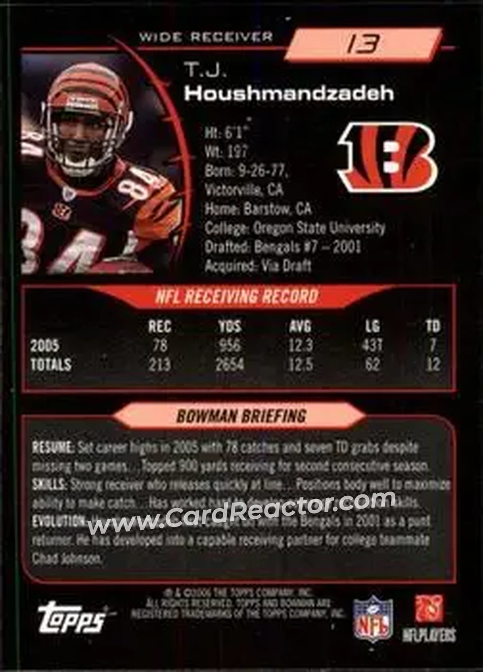 2006 Bowman #13 - T.J. Houshmandzadeh - Cincinnati Bengals - Back