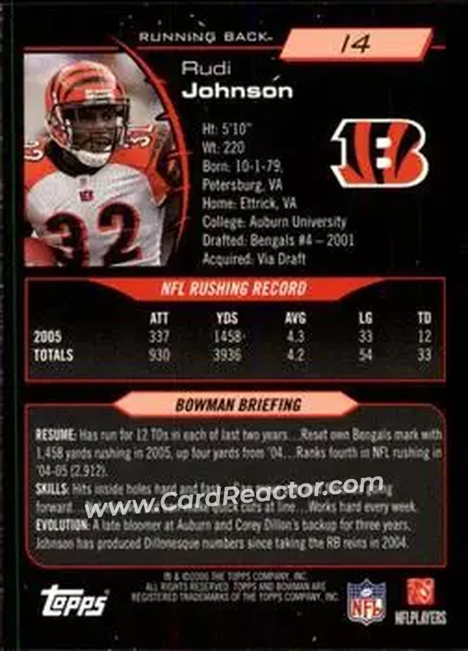 2006 Bowman #14 - Rudi Johnson - Cincinnati Bengals - Back