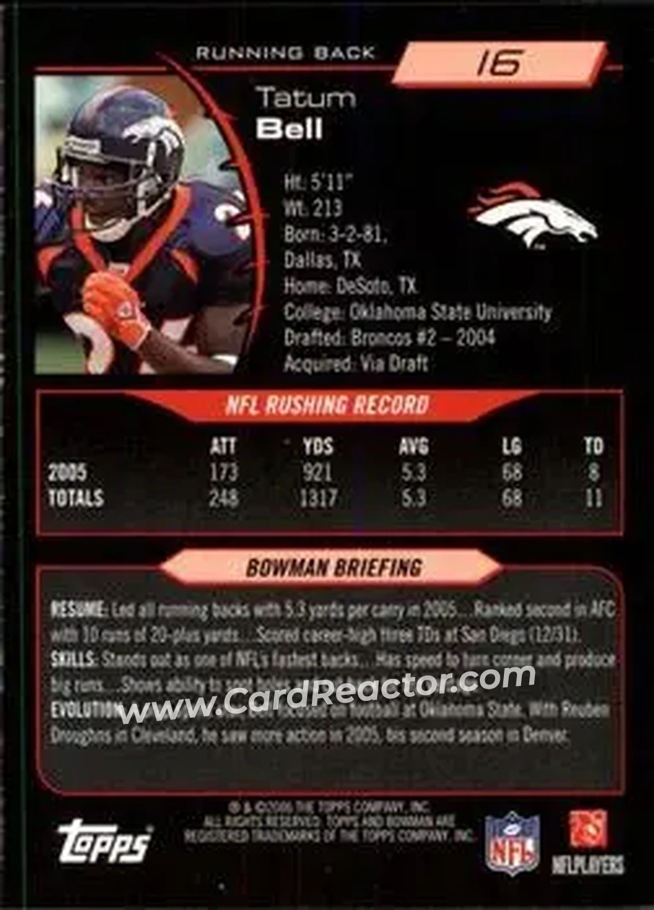 2006 Bowman #16 - Tatum Bell - Denver Broncos - Back