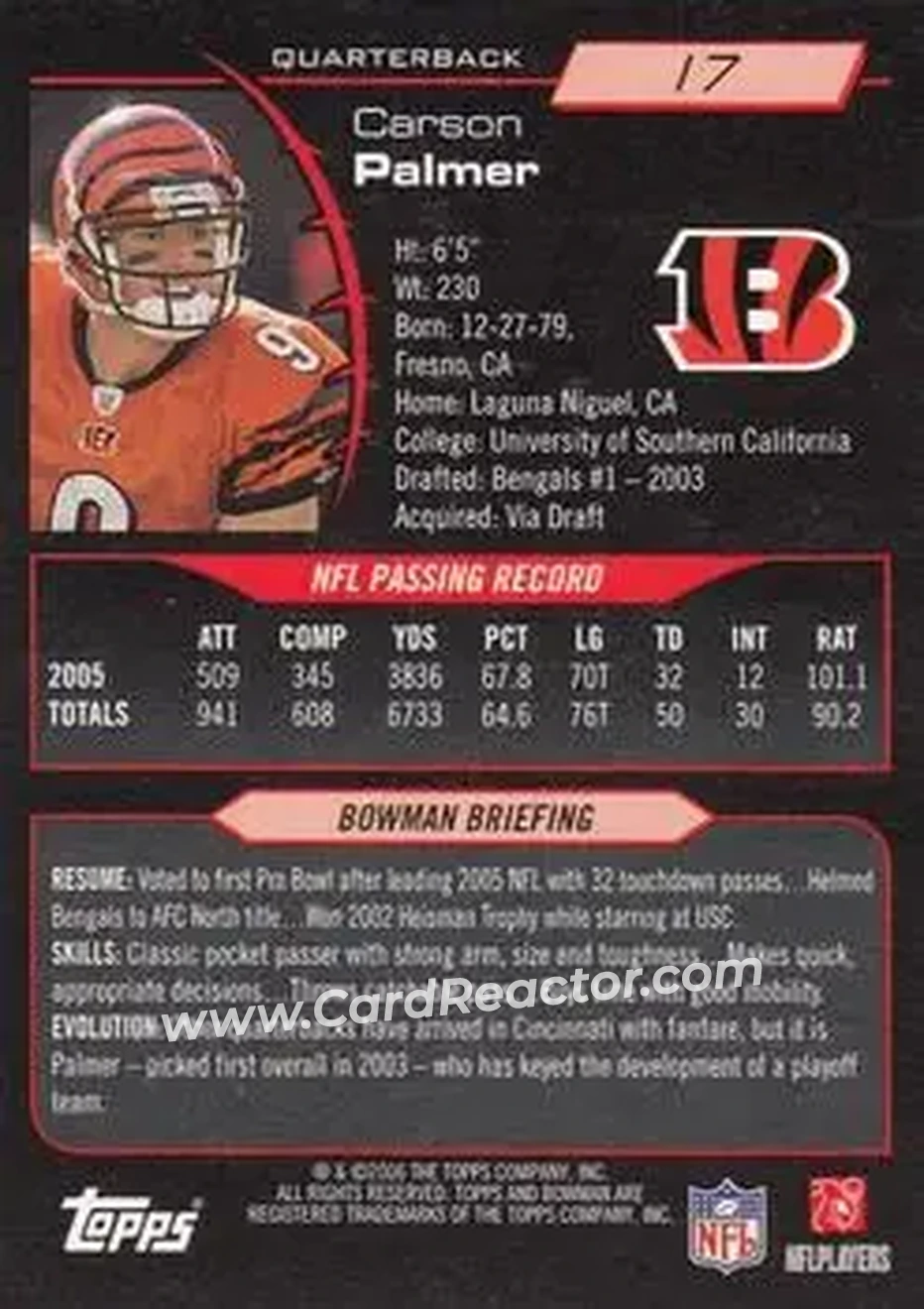 2006 Bowman #17 - Carson Palmer - Cincinnati Bengals - Back