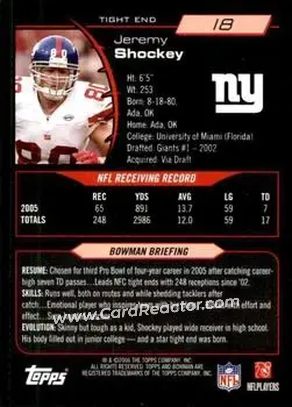 2006 Bowman #18 - Jeremy Shockey - New York Giants - Back