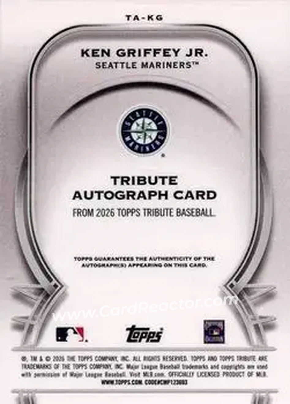 2026 Topps Tribute - Tribute Autographs Orange #TA-KG - Ken Griffey Jr. - Seattle Mariners - Back 2026 Topps Tribute - Tribute Autographs Orange #TA-KG - Ken Griffey Jr. - Seattle Mariners - Back