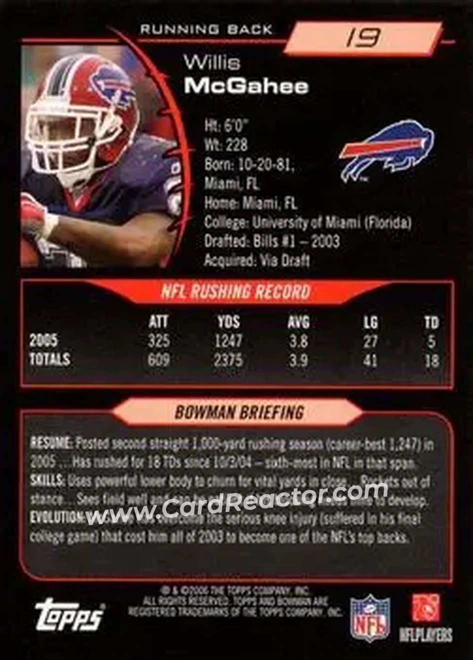 2006 Bowman #19 - Willis McGahee - Buffalo Bills - Back