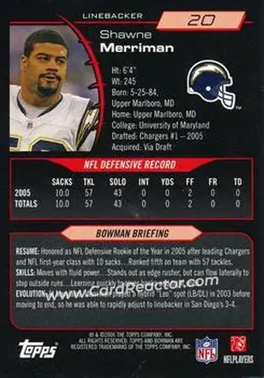 2006 Bowman #20 - Shawne Merriman - San Diego Chargers - Back