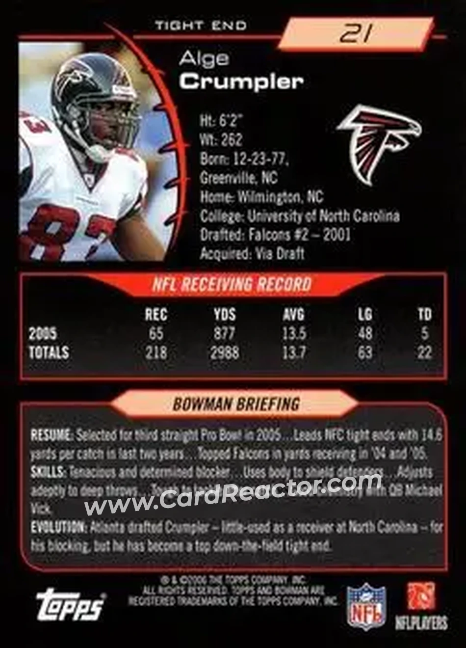 2006 Bowman #21 - Alge Crumpler - Atlanta Falcons - Back