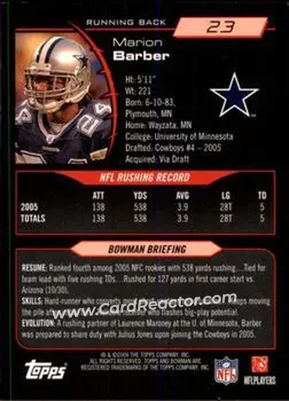 2006 Bowman #23 - Marion Barber - Dallas Cowboys - Back
