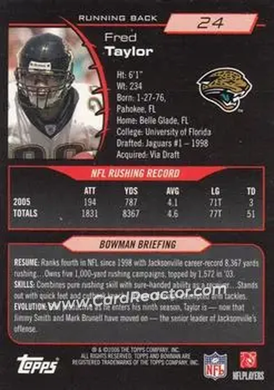 2006 Bowman #24 - Fred Taylor - Jacksonville Jaguars - Back