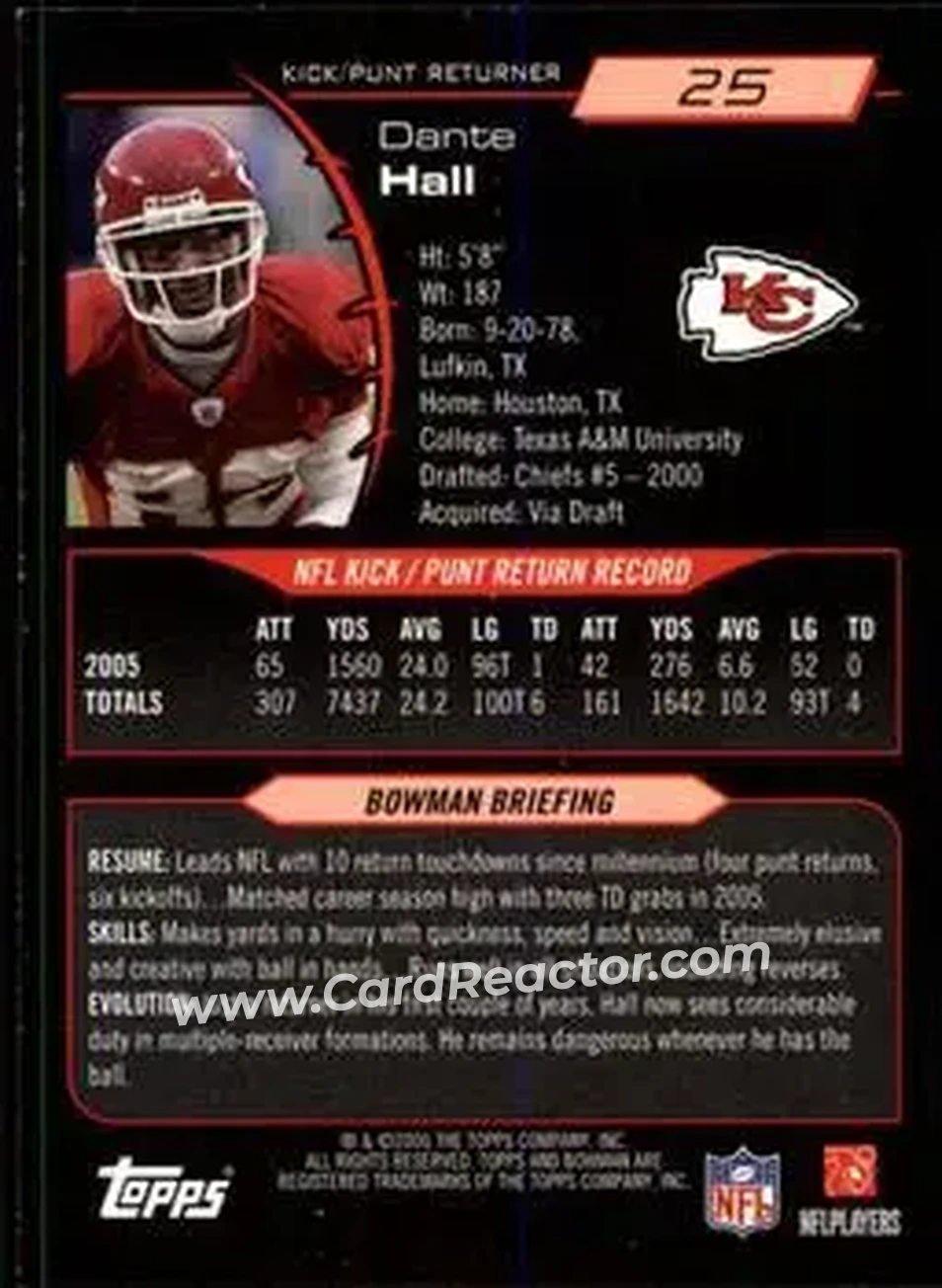 2006 Bowman #25 - Dante Hall - Kansas City Chiefs - Back