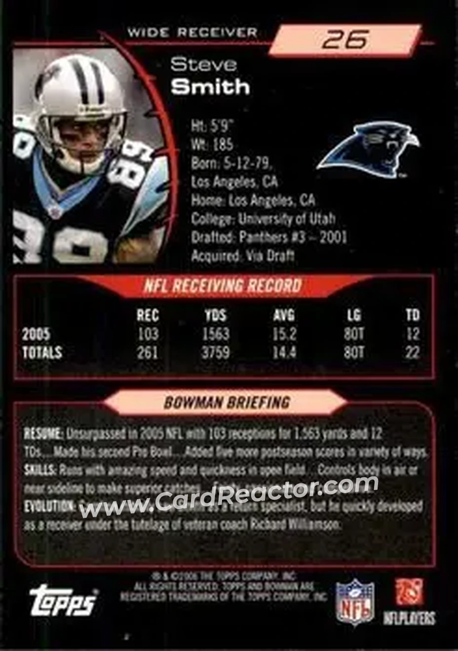2006 Bowman #26 - Steve Smith Sr. - Carolina Panthers - Back