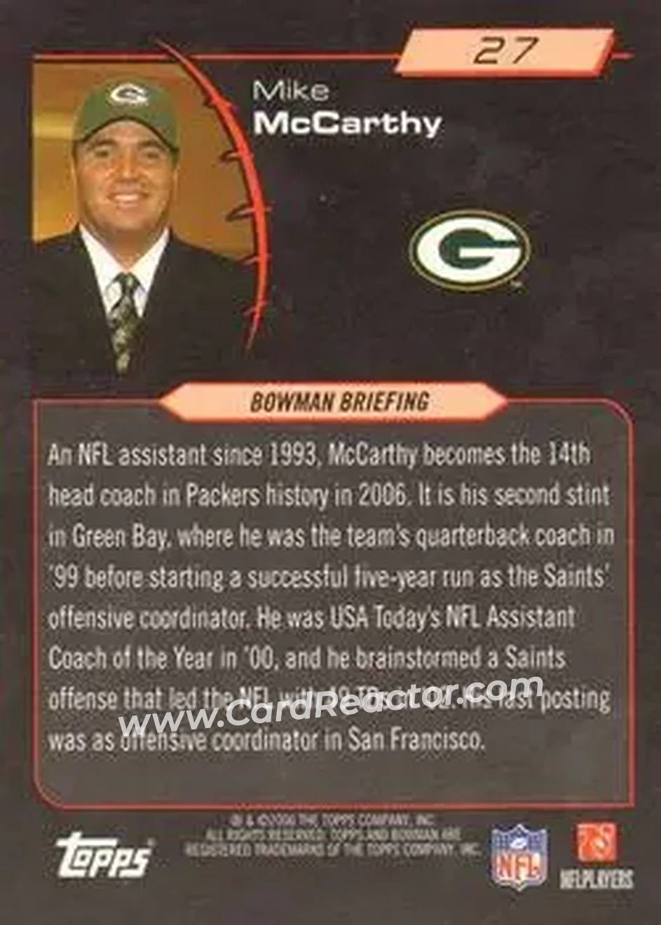 2006 Bowman #27 - Mike McCarthy - Green Bay Packers - Back