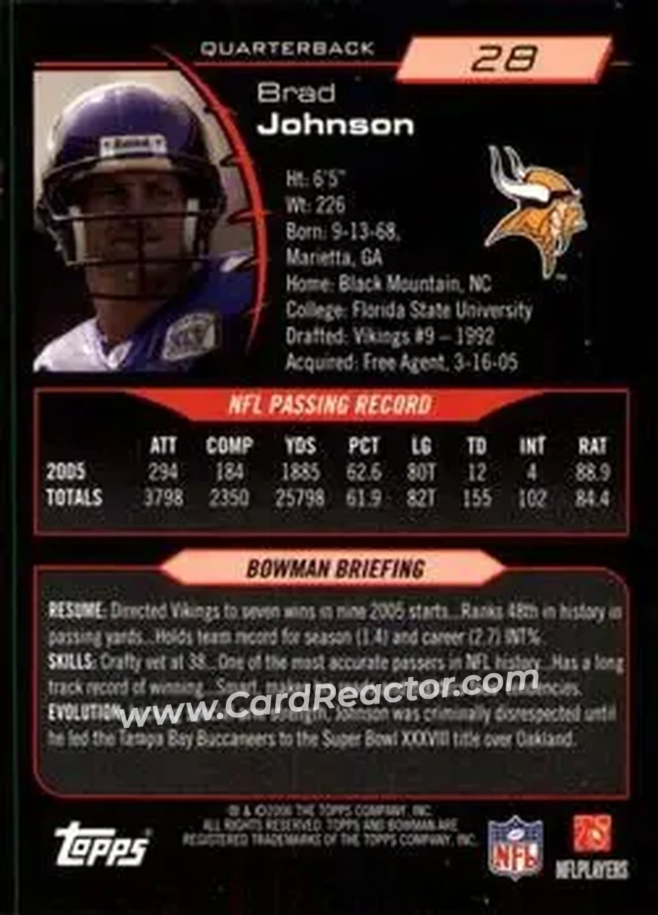 2006 Bowman #28 - Brad Johnson - Minnesota Vikings - Back