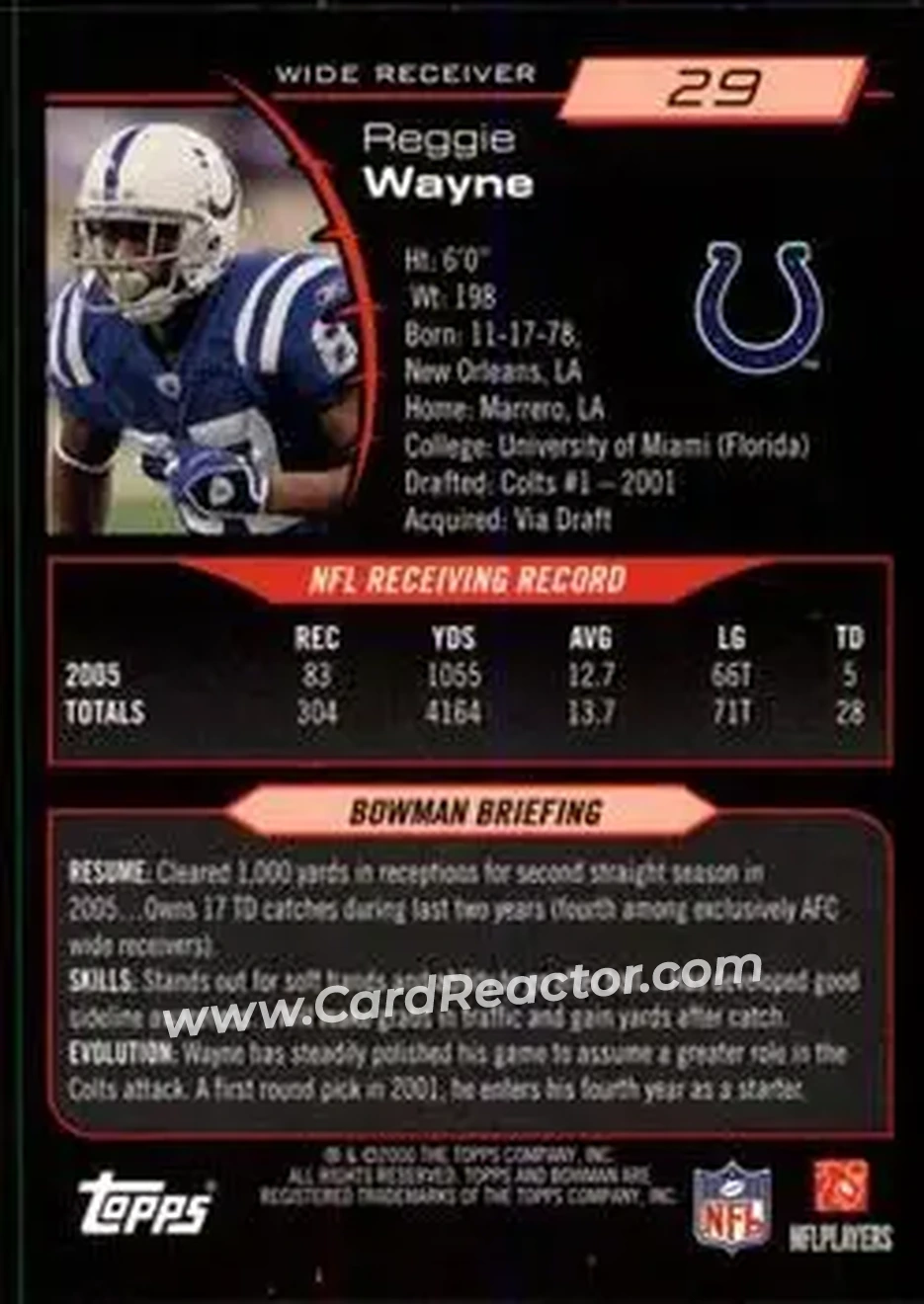 2006 Bowman #29 - Reggie Wayne - Indianapolis Colts - Back