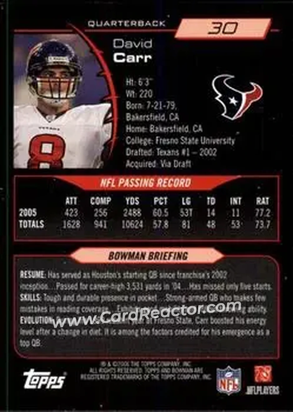 2006 Bowman #30 - David Carr - Houston Texans - Back
