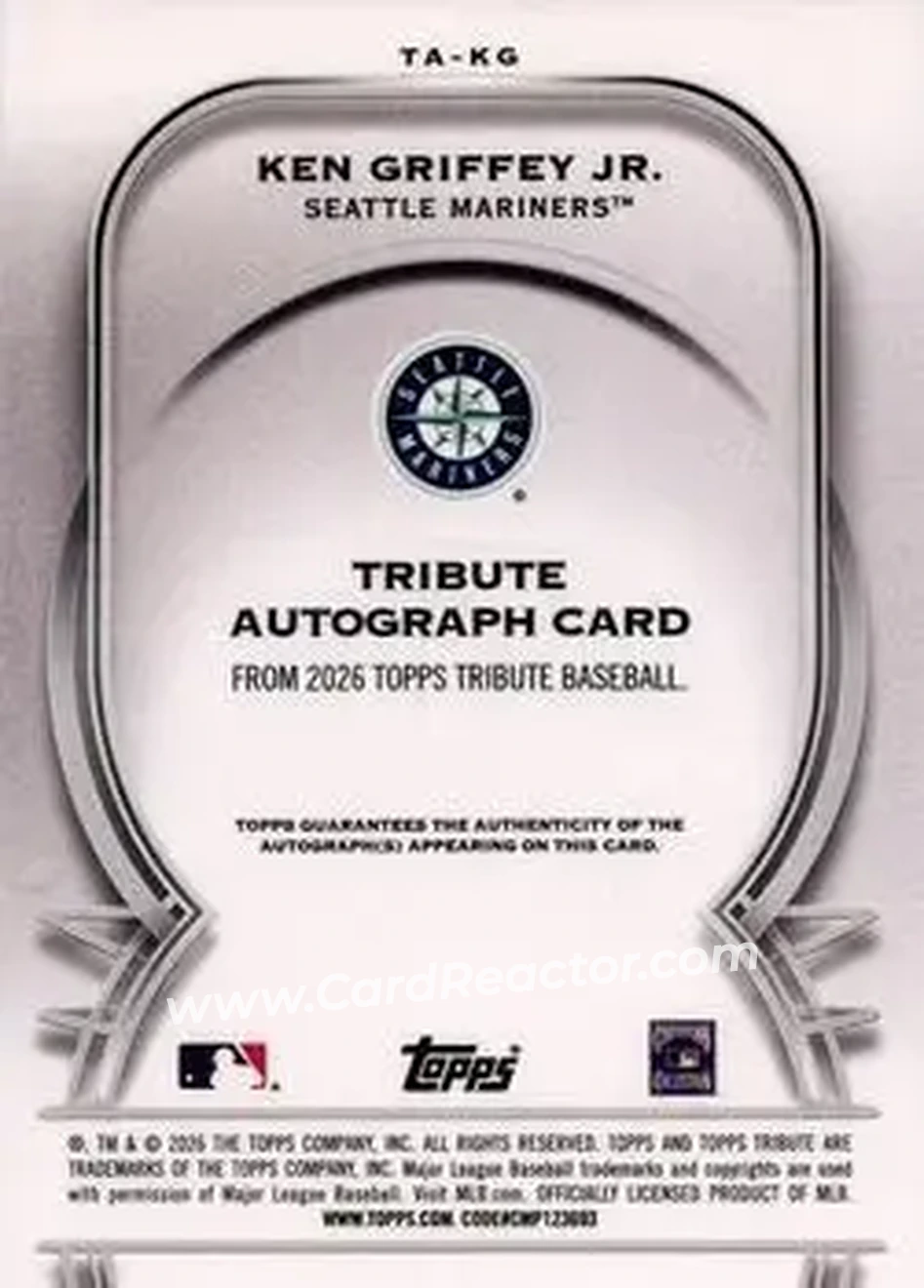 2026 Topps Tribute - Tribute Autographs Pink #TA-KG - Ken Griffey Jr. - Seattle Mariners - Back 2026 Topps Tribute - Tribute Autographs Pink #TA-KG - Ken Griffey Jr. - Seattle Mariners - Back