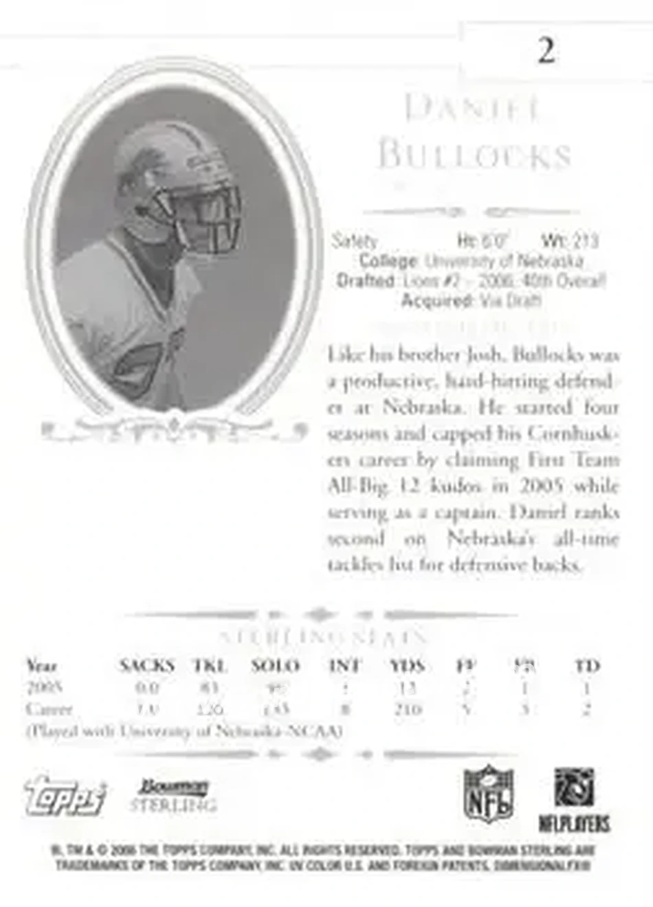 2006 Bowman Sterling #2 - Daniel Bullocks - Detroit Lions - Back