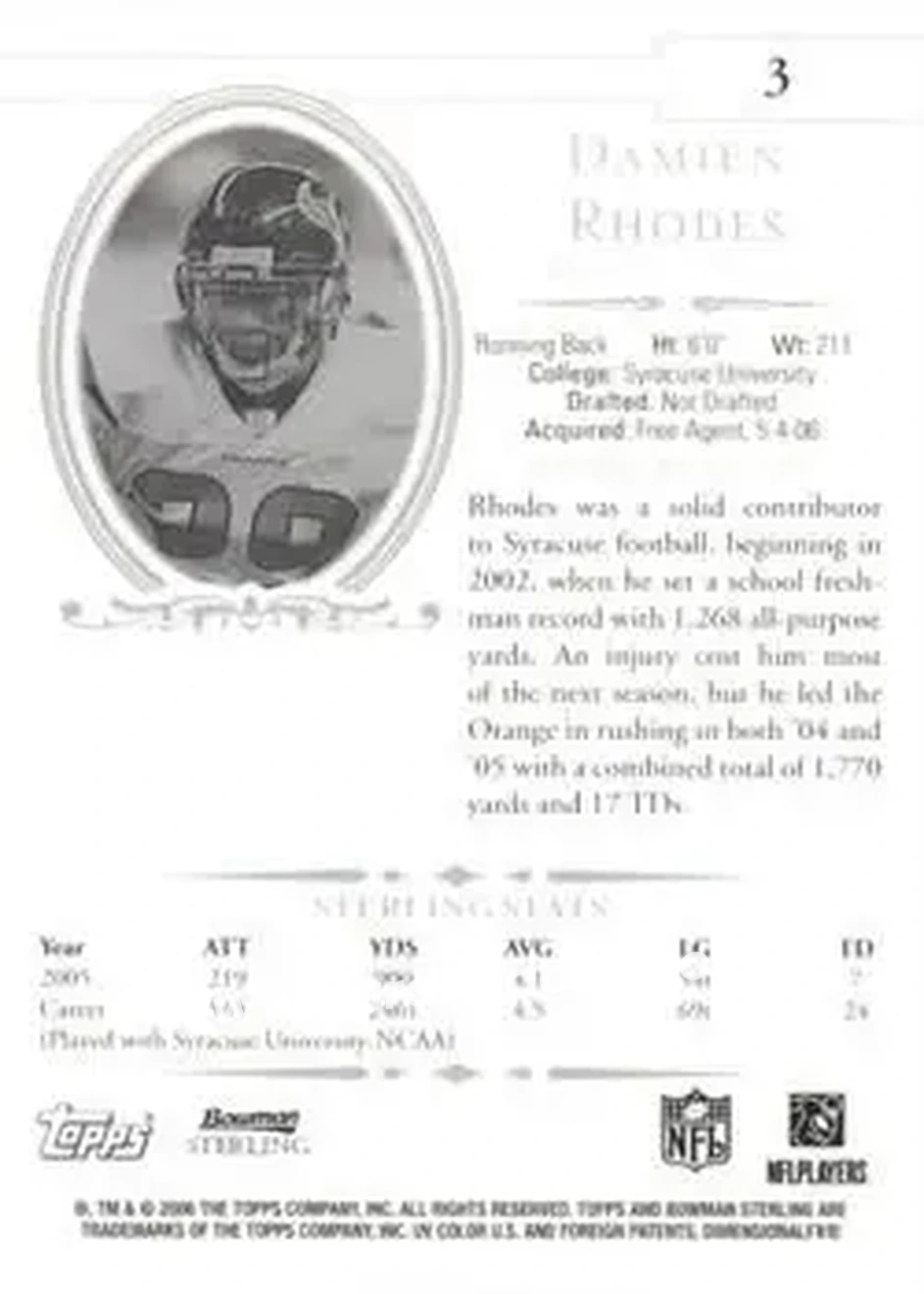 2006 Bowman Sterling #3 - Damien Rhodes - Houston Texans - Back
