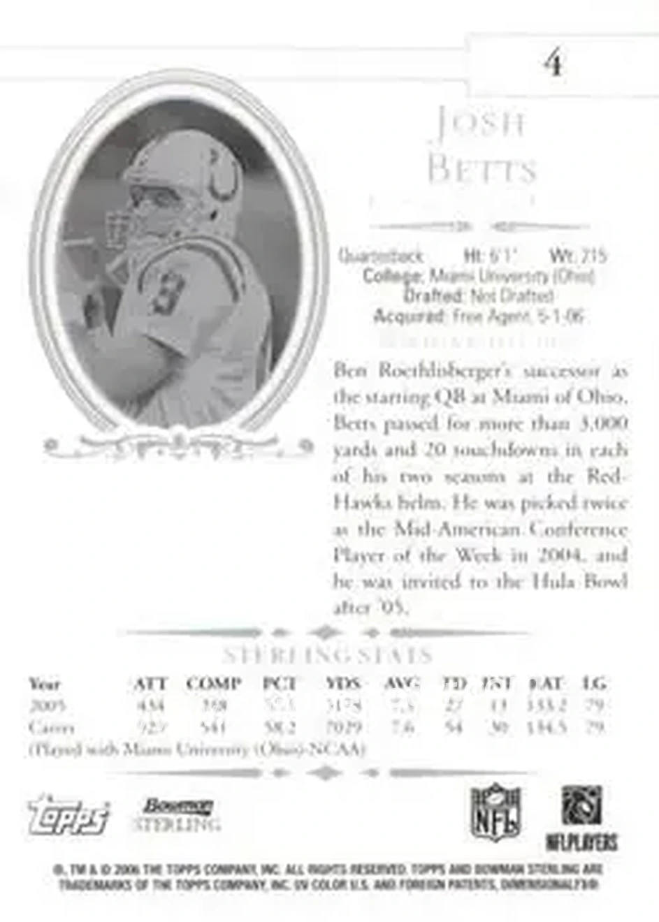 2006 Bowman Sterling #4 - Josh Betts - Indianapolis Colts - Back