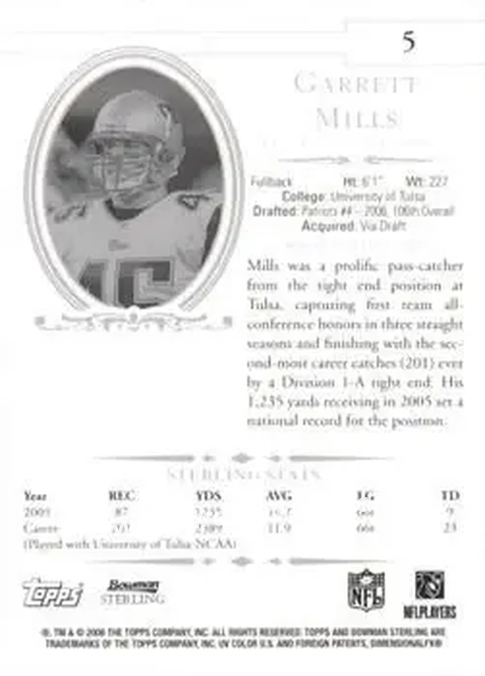 2006 Bowman Sterling #5 - Garrett Mills - New England Patriots - Back