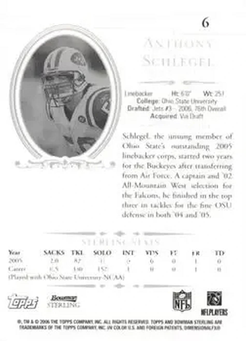 2006 Bowman Sterling #6 - Anthony Schlegel - New York Jets - Back