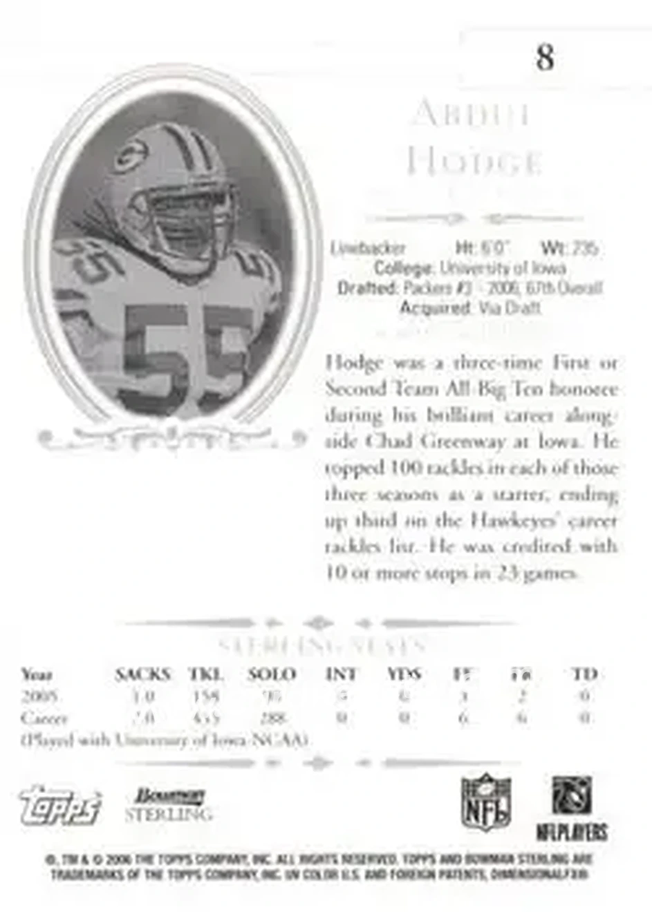 2006 Bowman Sterling #8 - Abdul Hodge - Green Bay Packers - Back