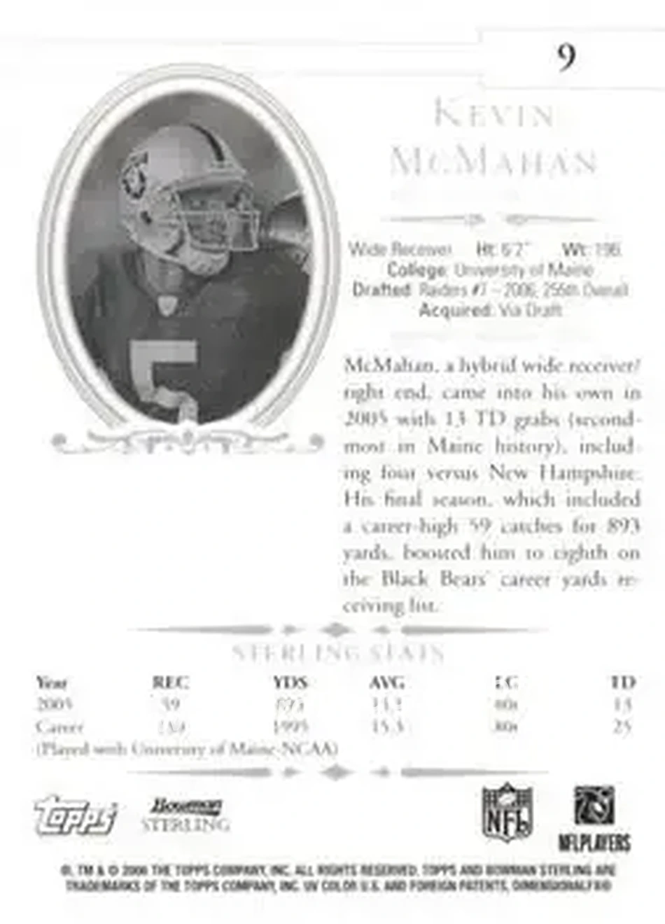 2006 Bowman Sterling #9 - Kevin McMahan - Oakland Raiders - Back