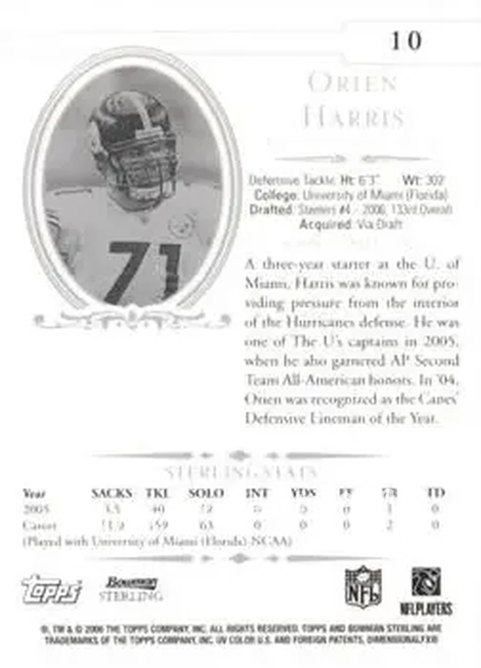 2006 Bowman Sterling #10 - Orien Harris - Pittsburgh Steelers - Back