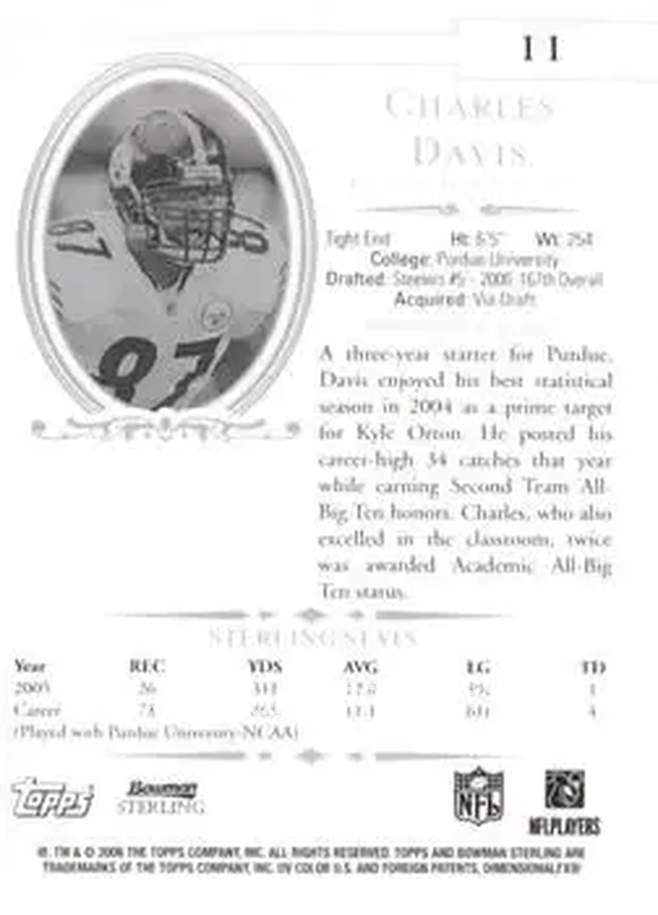 2006 Bowman Sterling #11 - Charles Davis - Pittsburgh Steelers - Back
