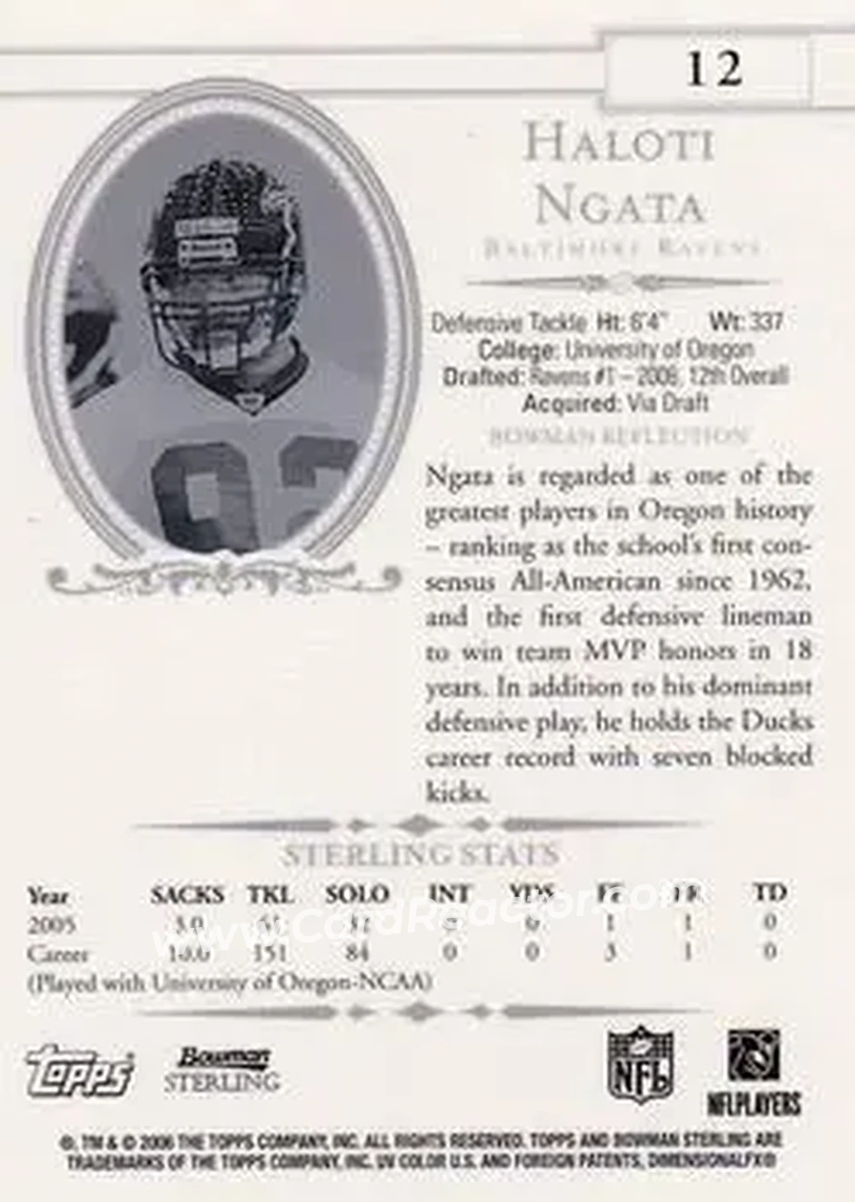 2006 Bowman Sterling #12 - Haloti Ngata - Baltimore Ravens - Back