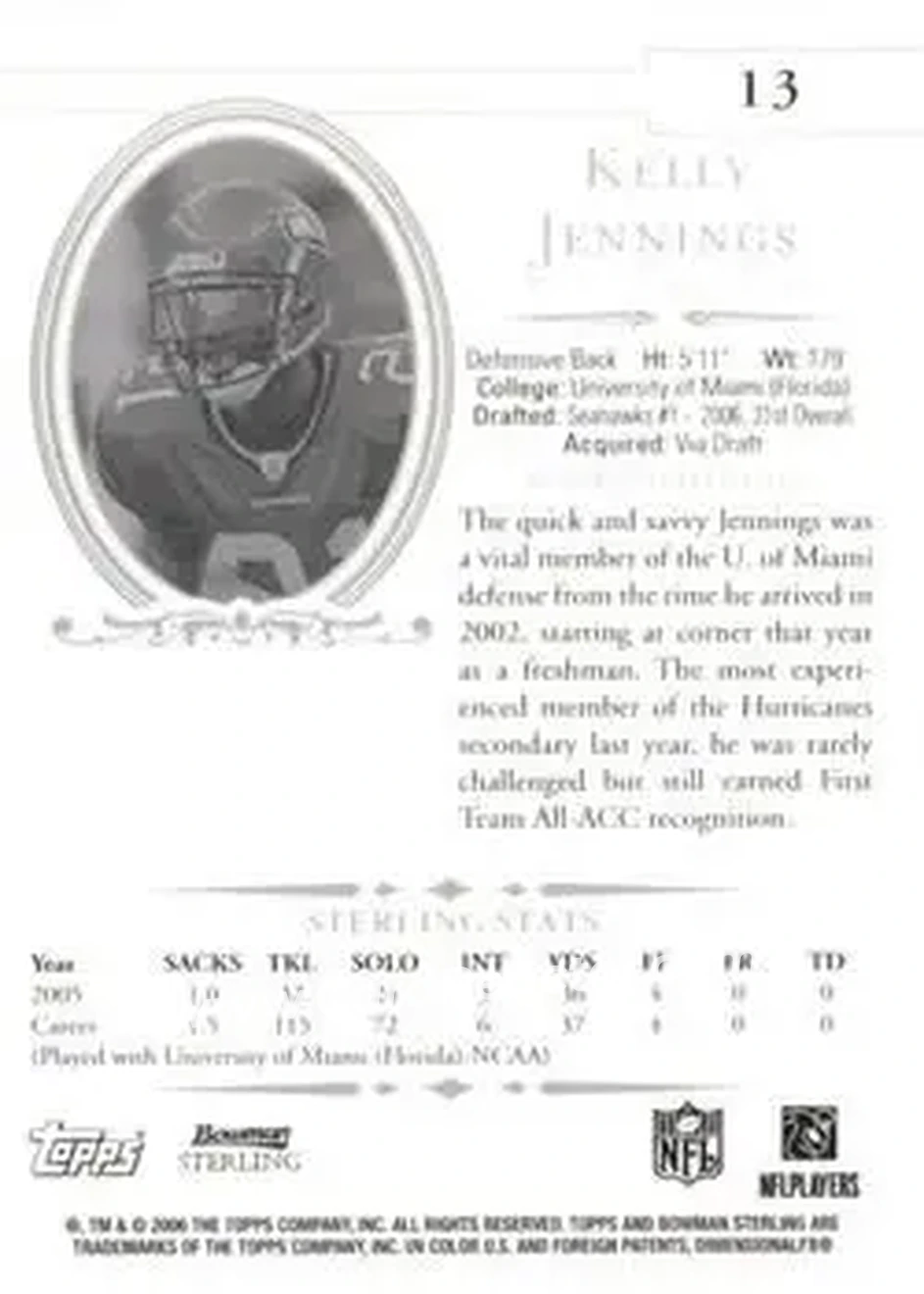 2006 Bowman Sterling #13 - Kelly Jennings - Seattle Seahawks - Back