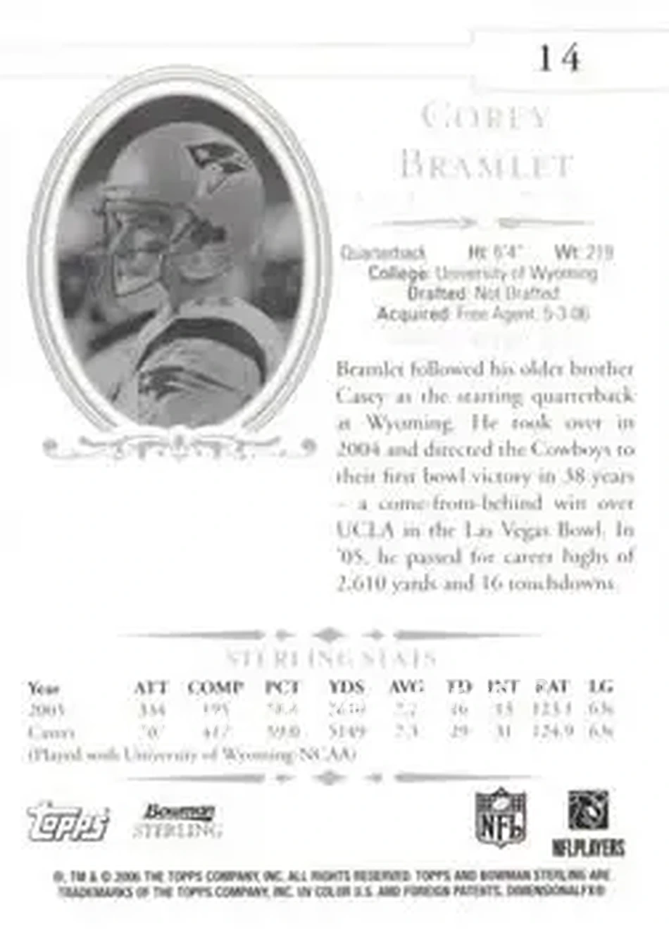 2006 Bowman Sterling #14 - Corey Bramlet - New England Patriots - Back