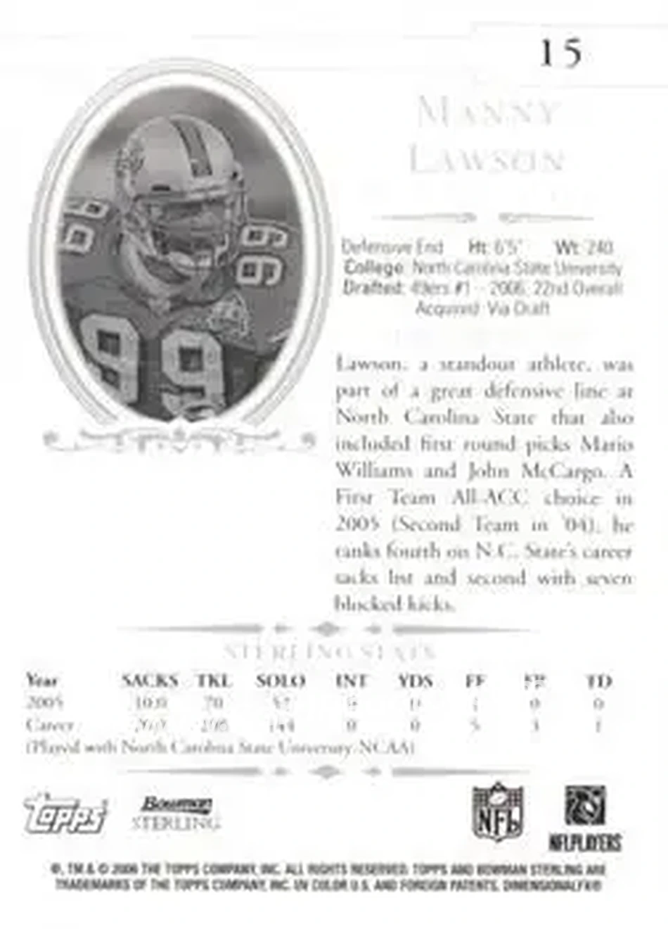 2006 Bowman Sterling #15 - Manny Lawson - San Francisco 49ers - Back