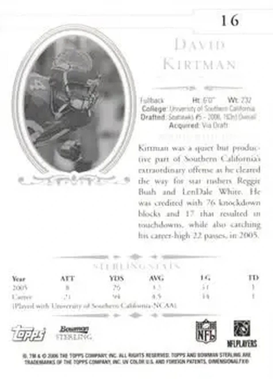 2006 Bowman Sterling #16 - David Kirtman - Seattle Seahawks - Back