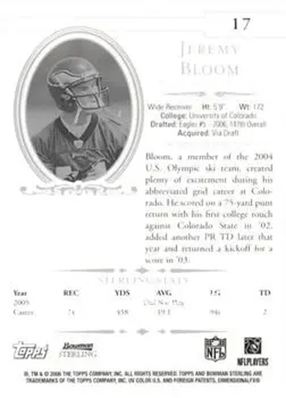 2006 Bowman Sterling #17 - Jeremy Bloom - Philadelphia Eagles - Back