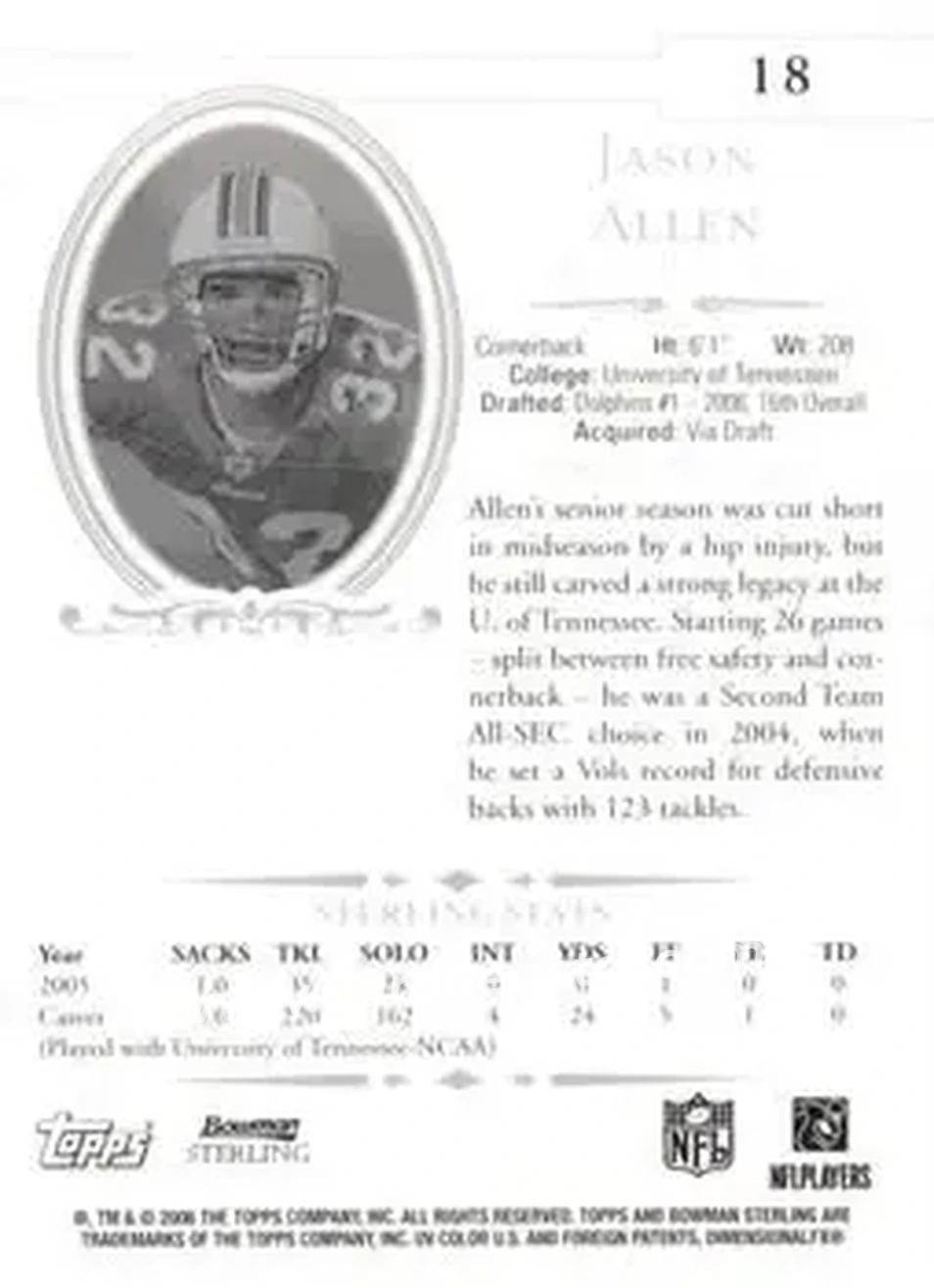 2006 Bowman Sterling #18 - Jason Allen - Miami Dolphins - Back
