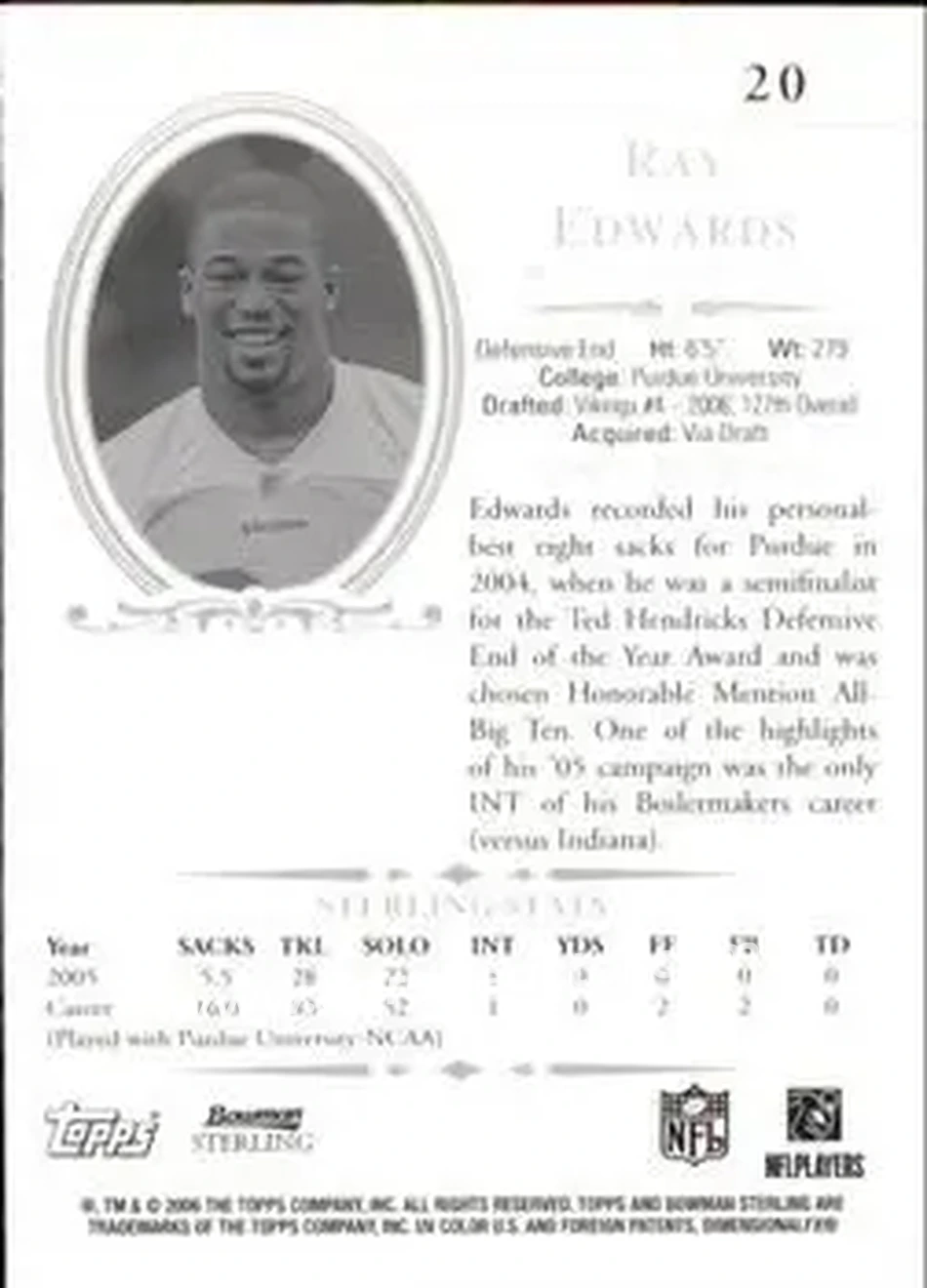 2006 Bowman Sterling #20 - Ray Edwards - Minnesota Vikings - Back