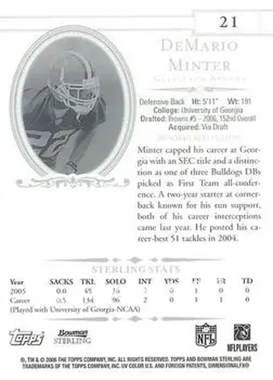 2006 Bowman Sterling #21 - Demario Minter - Cleveland Browns - Back
