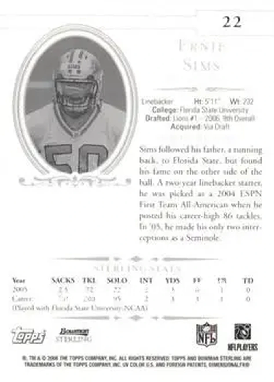 2006 Bowman Sterling #22 - Ernie Sims - Detroit Lions - Back