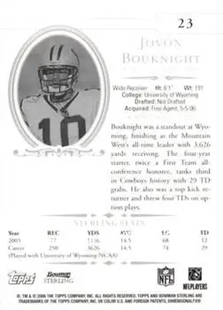 2006 Bowman Sterling #23 - Jovon Bouknight - Carolina Panthers - Back