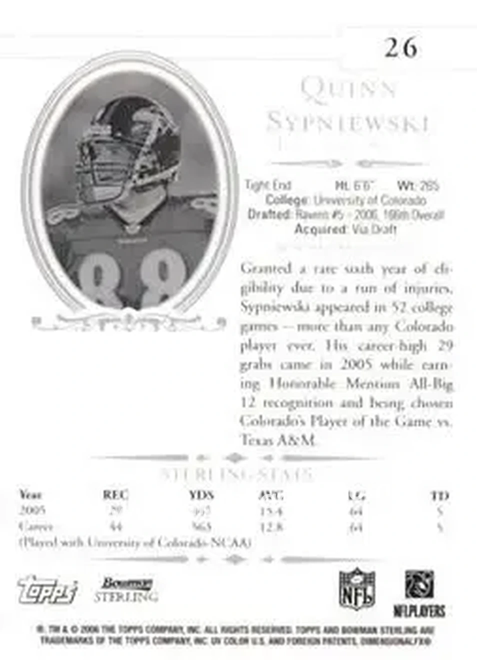 2006 Bowman Sterling #26 - Quinn Sypniewski - Baltimore Ravens - Back