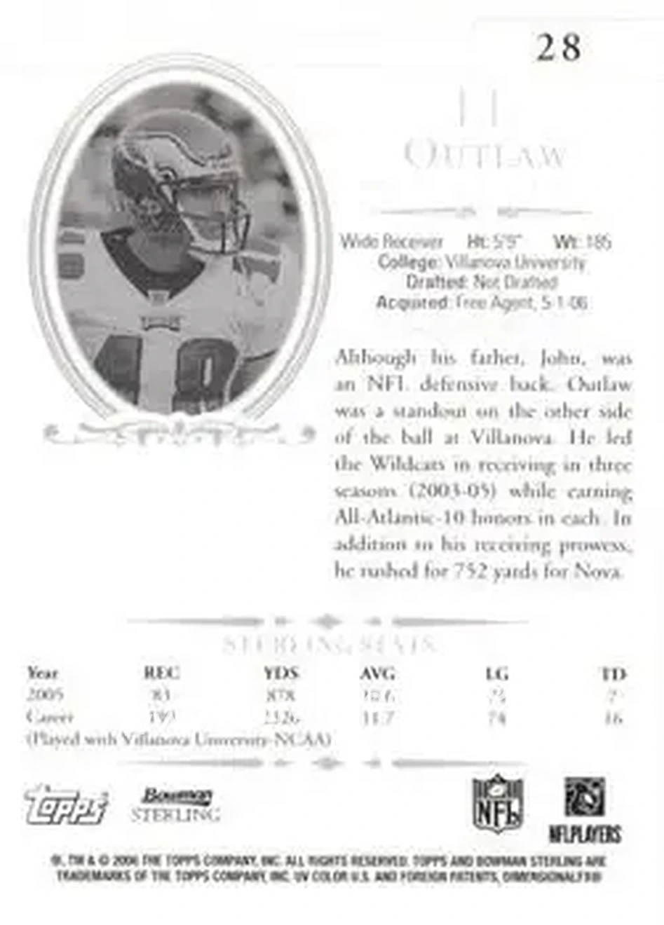 2006 Bowman Sterling #28 - J.J. Outlaw - Philadelphia Eagles - Back