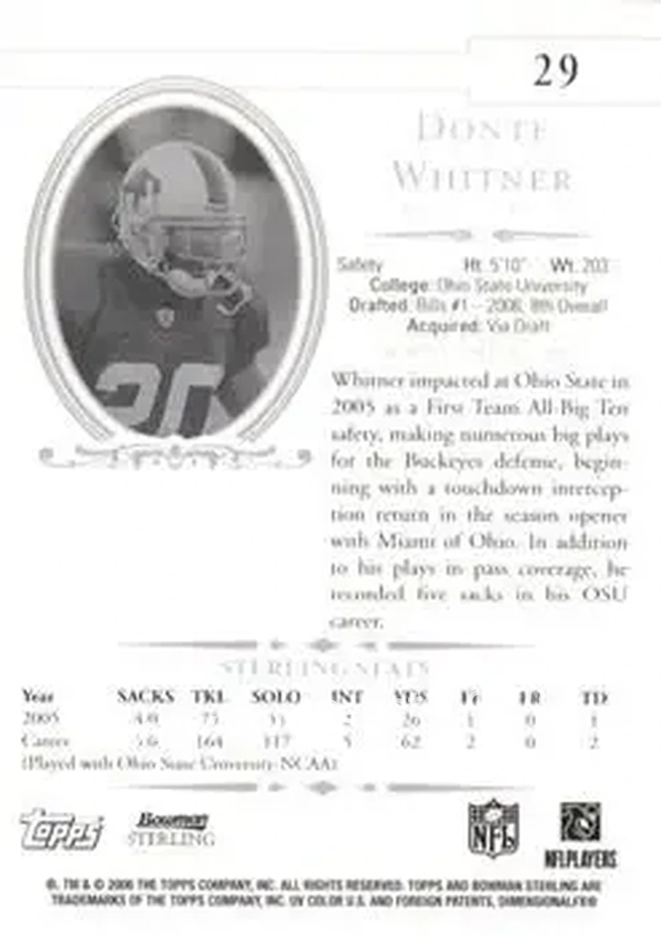 2006 Bowman Sterling #29 - Donte Whitner - Buffalo Bills - Back