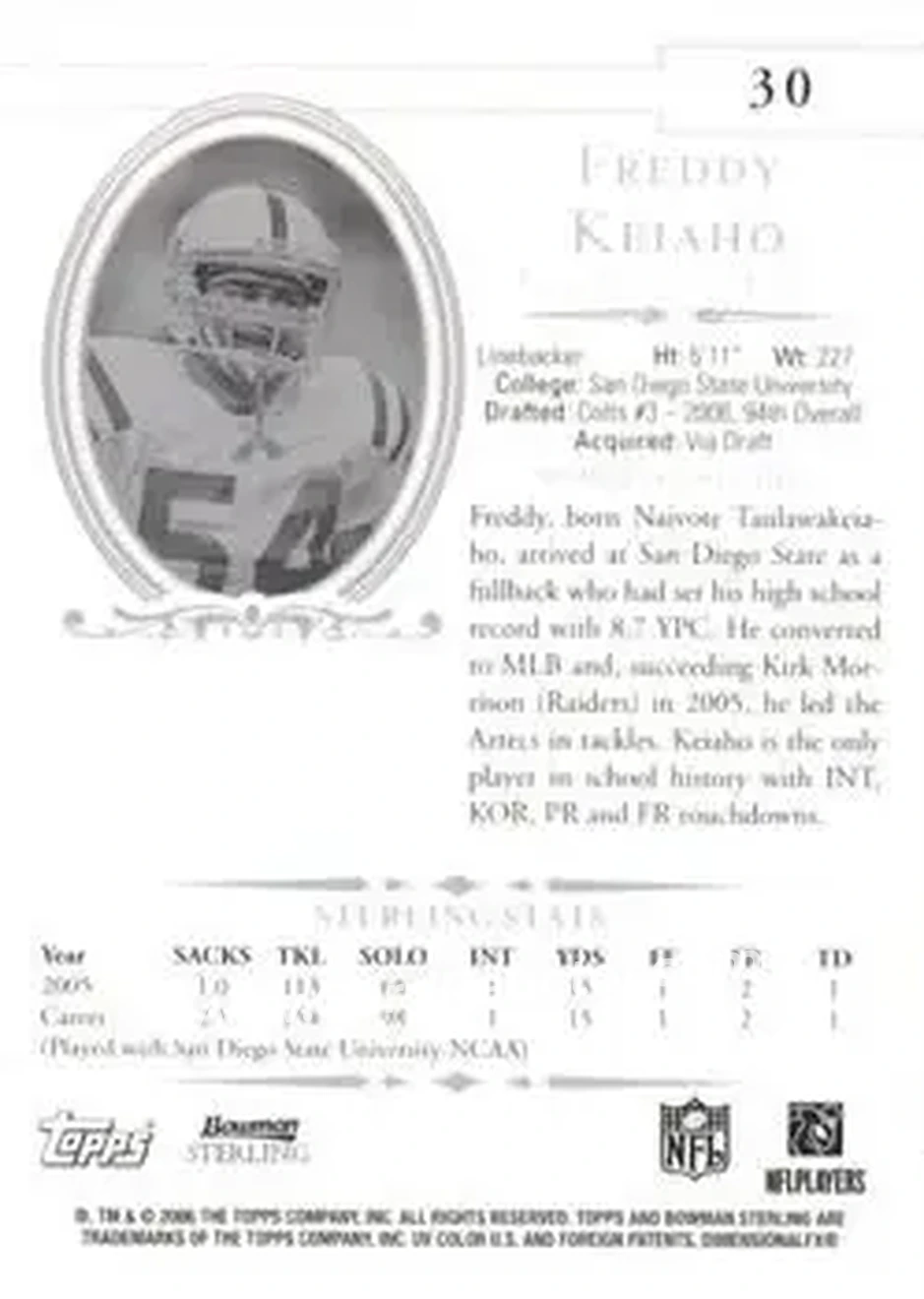 2006 Bowman Sterling #30 - Freddy Keiaho - Indianapolis Colts - Back