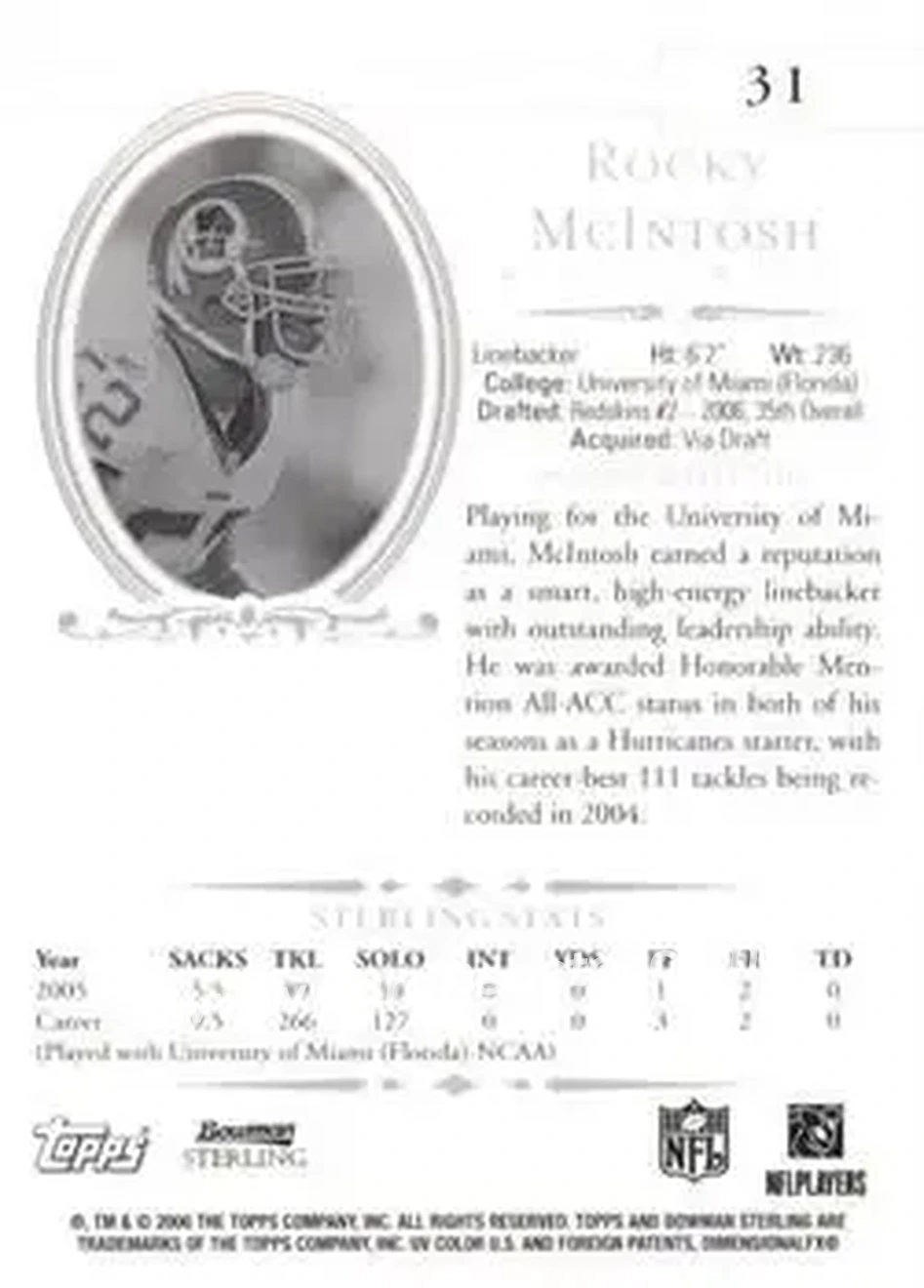 2006 Bowman Sterling #31 - Rocky McIntosh - Washington Redskins - Back