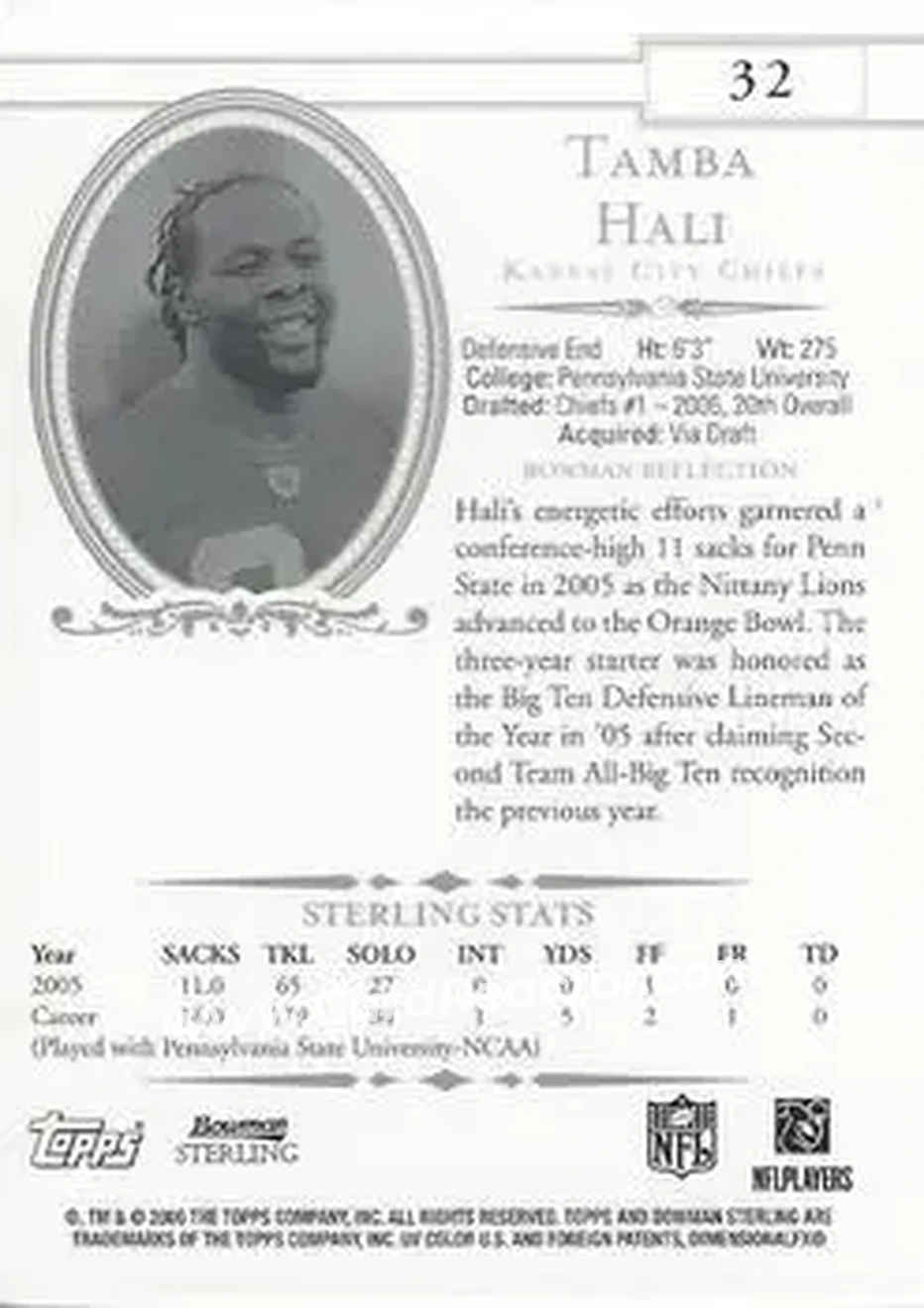 2006 Bowman Sterling #32 - Tamba Hali - Kansas City Chiefs - Back